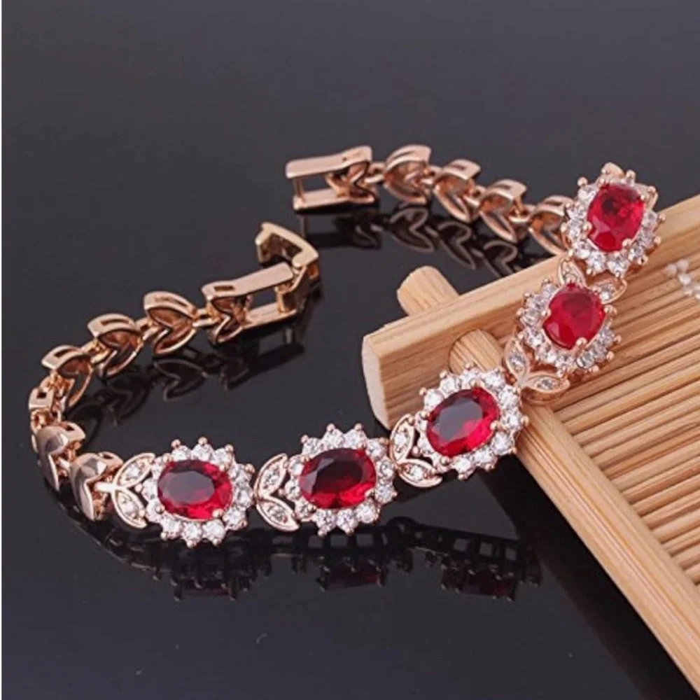 #336 Luxurious Red and Gold Bracelet and Earrings. CZ and Gold Plated. - Picture 3 of 8